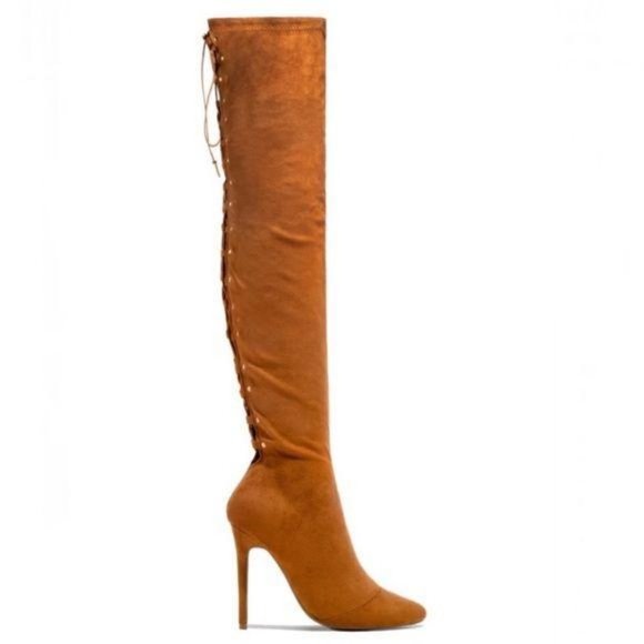 Stretchy Over the Knee Lace Up Boots in Tan - Picture 3 of 12